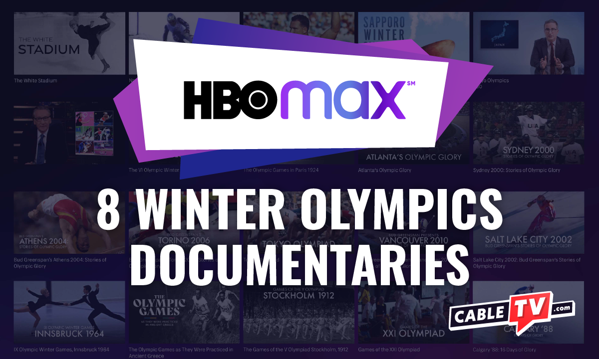 The text “HBO Max 8 Winter Olympics Documentaries” overlays a grid view of HBO Max content.