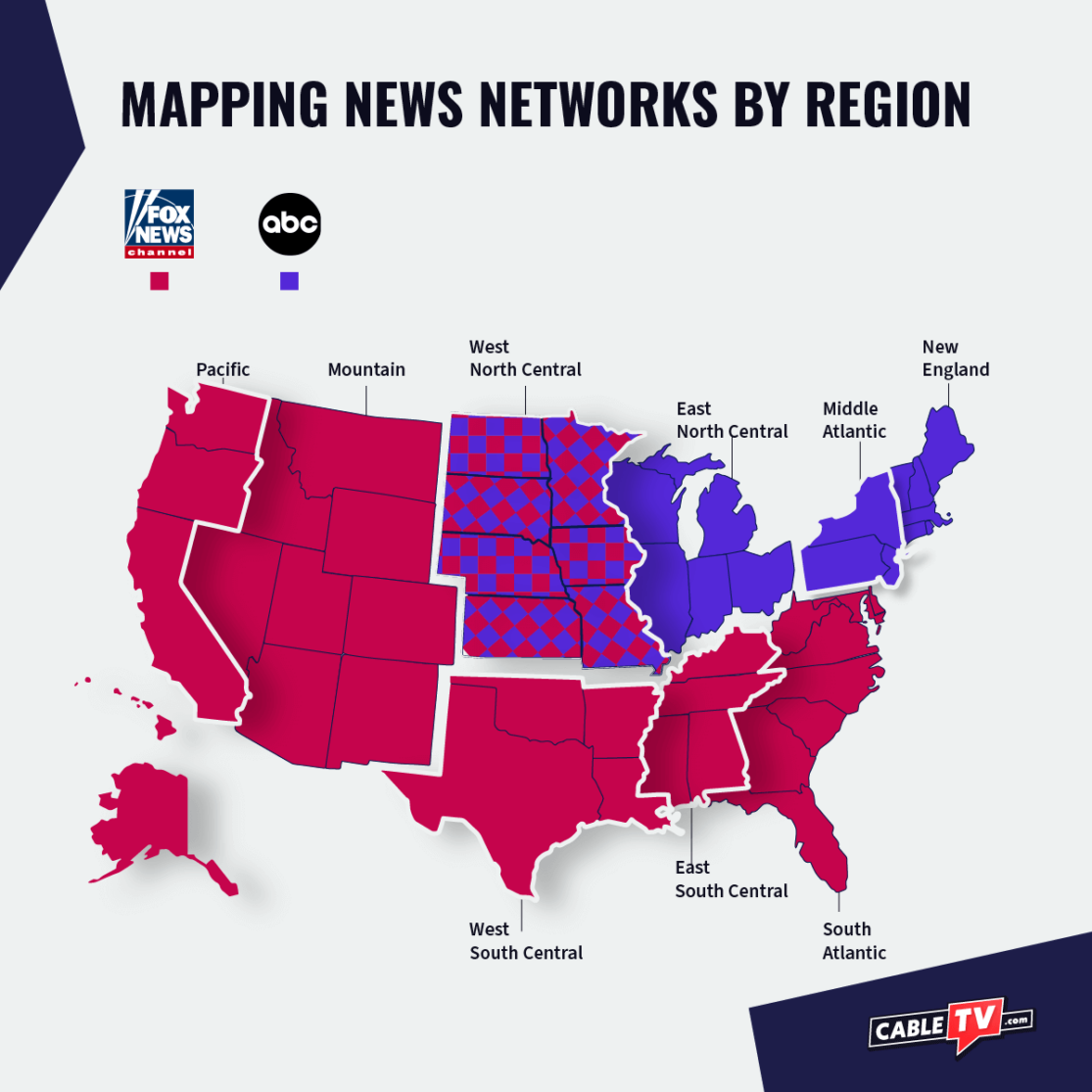 Map showing the most popular news networks by region