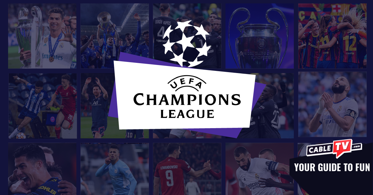 UEFA Champions League logo with photographs of soccer players in the background.
