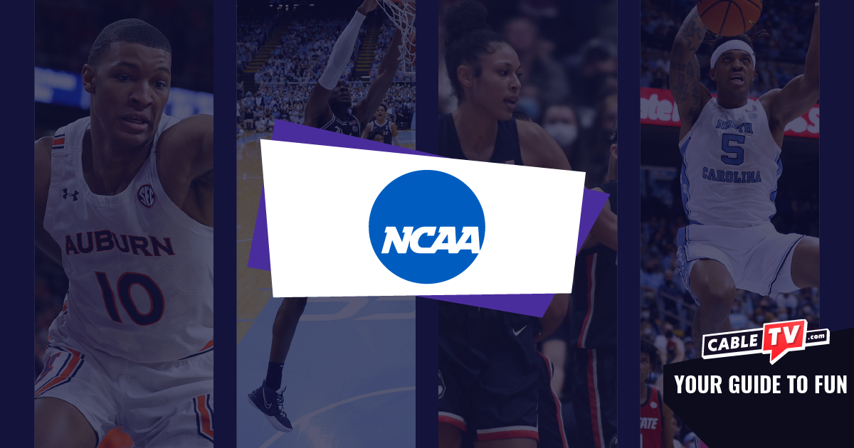 NCAA logo with college basketball players