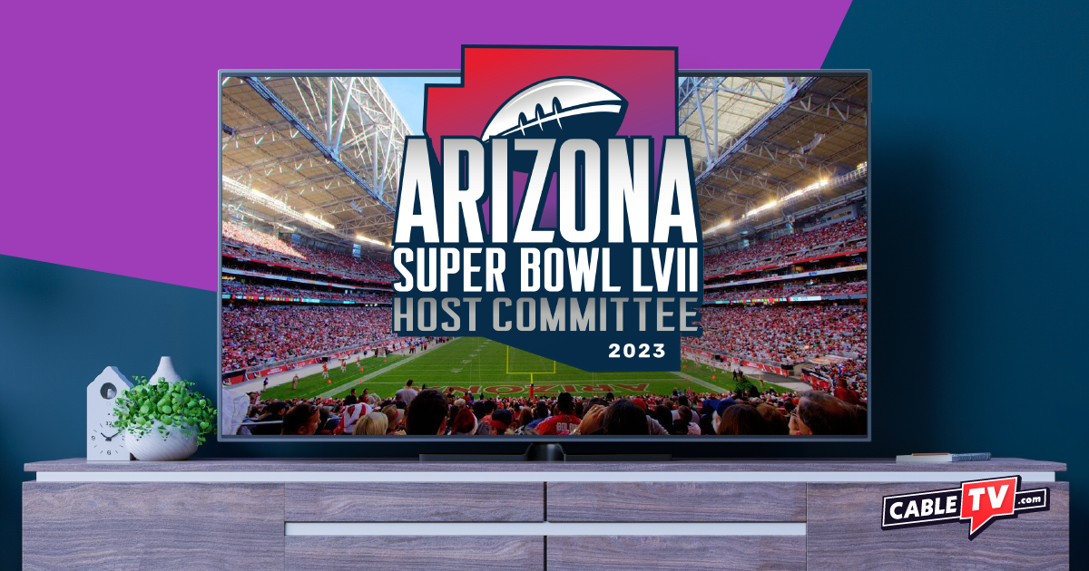 Super Bowl 2023 host committee logo over a flat screen TV.