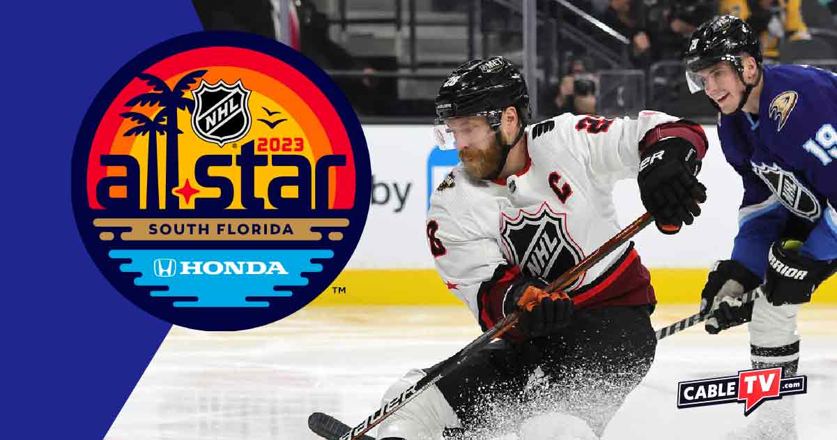 Action shot of NHL Hockey and All Star South Florida 2023 logo