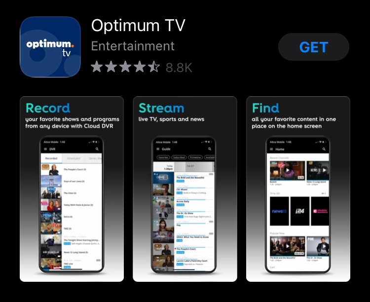 Optimum TV app shown in Apple App Store search results
