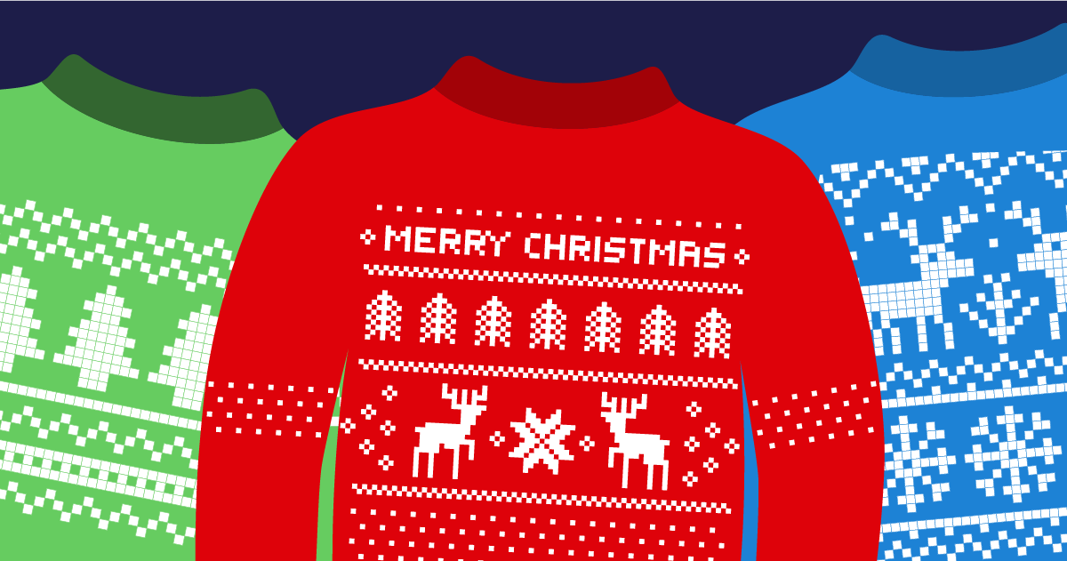 Illustration of three Christmas sweaters.
