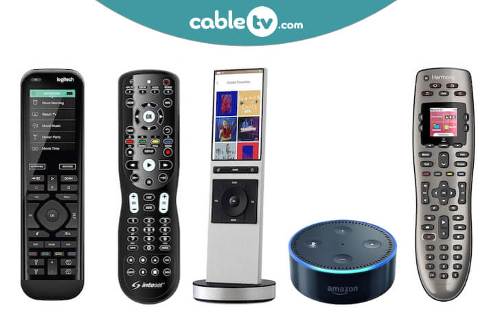 Four universal remotes and an Amazon Echo Dot displayed beneath the CableTV.com logo.