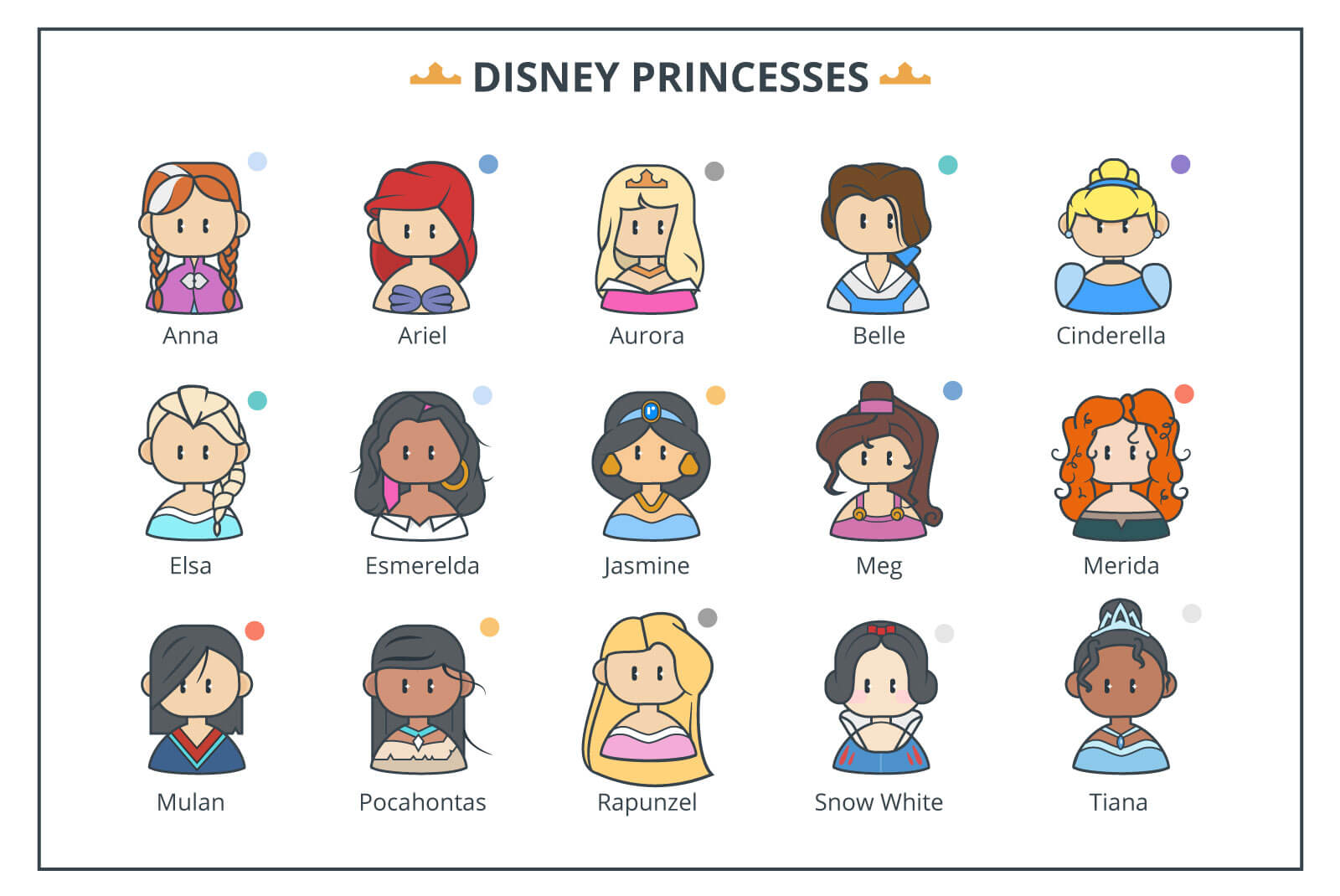 Illustrated cartoon headshots of 15 Disney princesses.