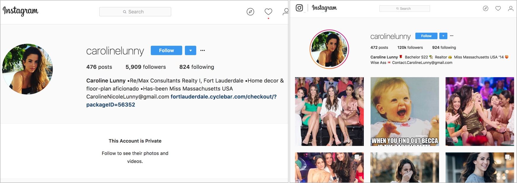 Caroline Instagram Followers on The Bachelor