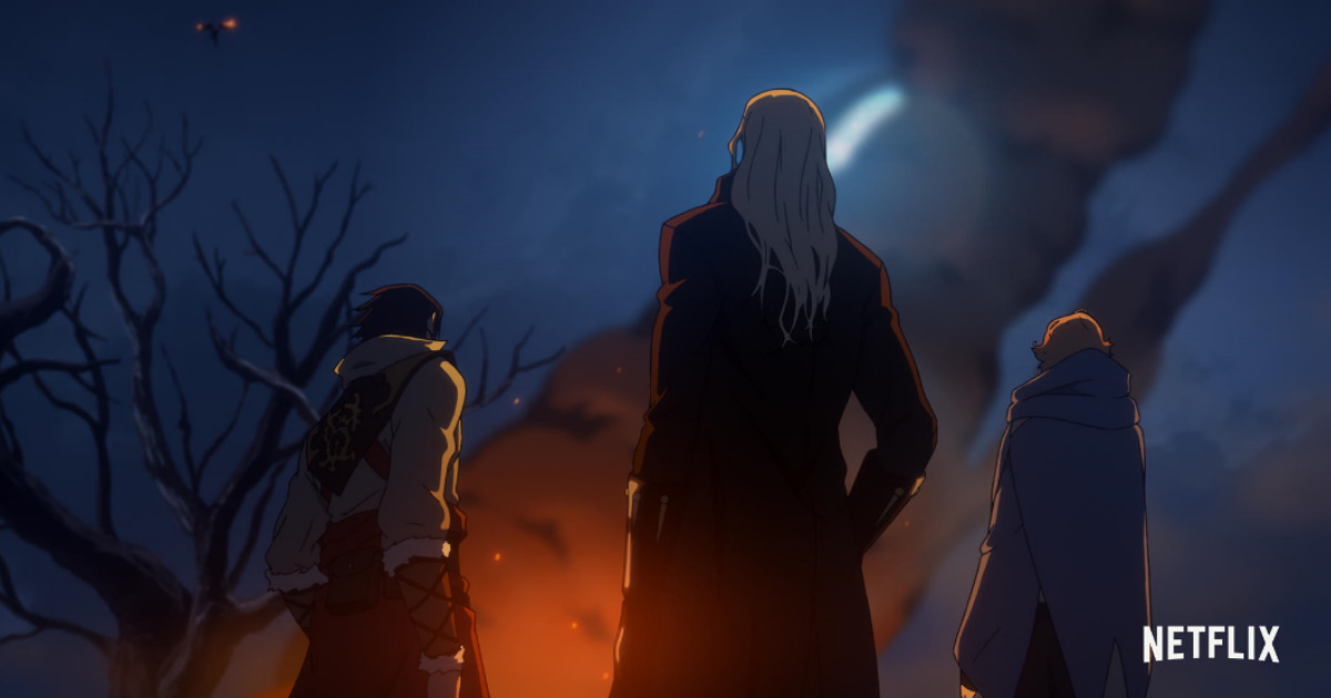 Trevor Belmont, Alucard, and Sypha Belnades from the Castlevania Netflix show with their backs turned to the viewer, looking at a plume of smoke in front of a crescent moon.