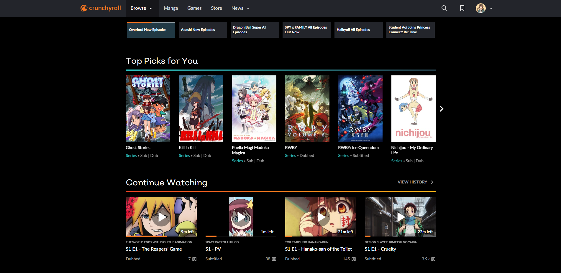 Anime home screen on Crunchyroll