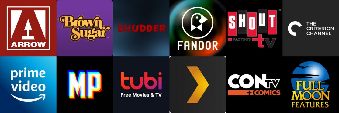 A collage of cult film streaming service icons.