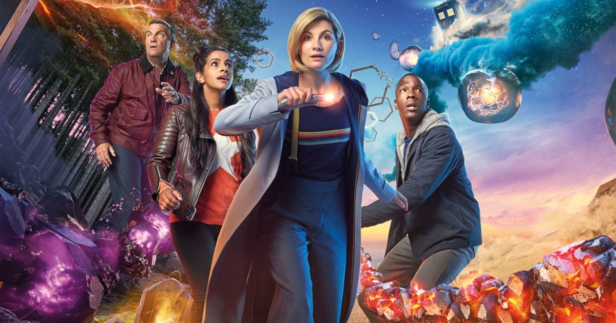 A promotional image for a recent season of Doctor Who. From left to right: Graham, Yaz, The 13th Doctor, and Ryan.