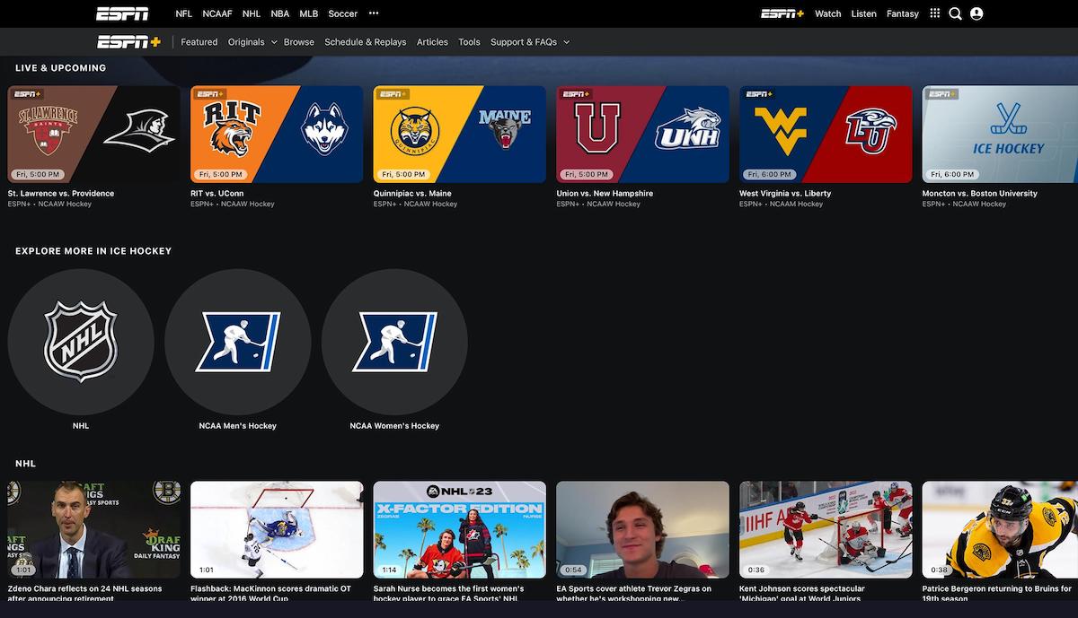 The ESPN+ ice hockey catalog page displays rows of hockey videos.