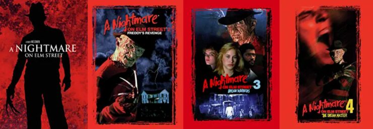 A collage of Blu-ray covers for the first four A Nightmare on Elm Street movies.