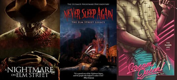 A collage of Blu-ray covers for the 2010 A Nightmare on Elm Street remake and the Elm Street documentaries Scream, Queen! My Nightmare on Elm Street and Never Sleep Again: The Elm Street Legacy..