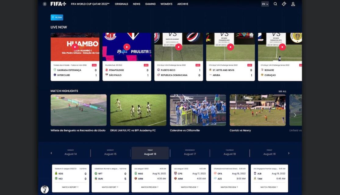 The FIFA Plus Live page displays rows of live games, match highlights, and a calendar of the current day’s matches.