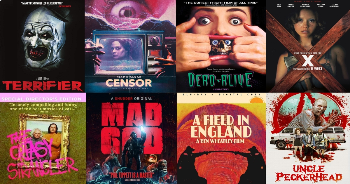 A collage of Blu-ray cover art for Terrifier, Censor, Dead Alive, X, The Greasy Strangler, Mad God, A Field in England, and Uncle Peckerhead.