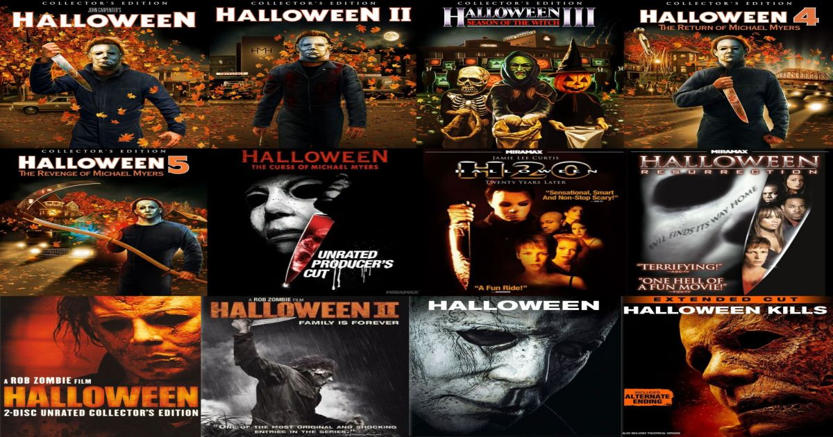 A collage with Blu-ray cover art for the first 12 Halloween movies.