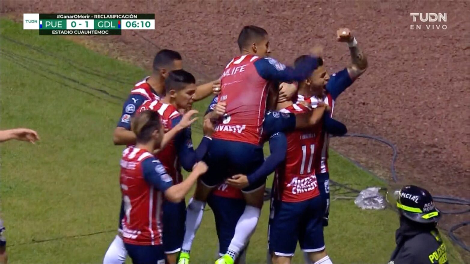 Fubo screenshot of soccer player Isaác Brizuela celebrating with teammates.