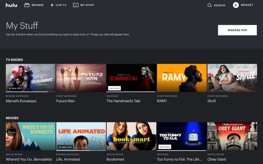 Hulu My Stuff menu viewed on smart TV