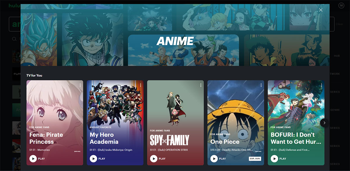 Anime home screen on Hulu