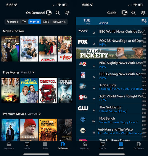 On-demand and live TV guide screenshots from Spectrum TV app
