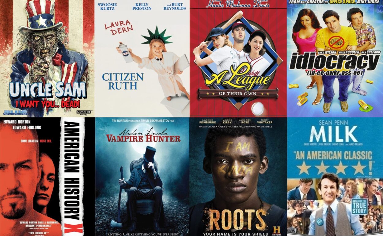 A collage of Blu-ray cover art for Uncle Sam, Citizen Ruth, A League of Their Own, Idiocracy, American History X, Abraham Lincoln: Vampire Hunter, Roots, and Milk.