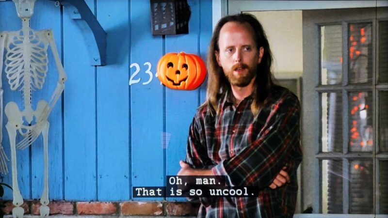In a scene from the Freaks and Geeks episode “Tricks and Treats,” high school counselor Jeff Rosso (Dave “Gruber” Allen) watches students speed off after they smashed his jack-o’-lantern.