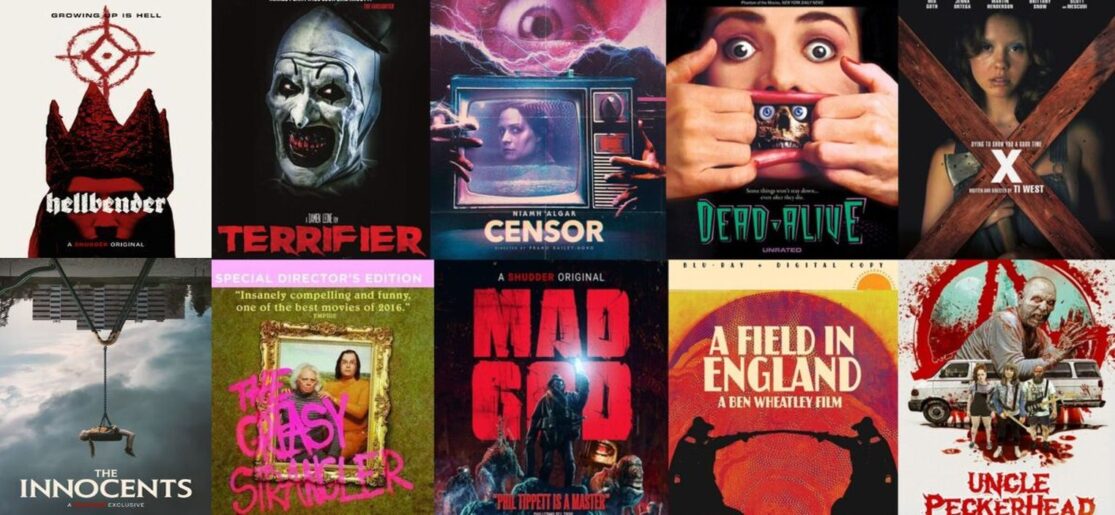 A collage of Blu-ray cover art for Hellbender, Terrifier, Censor, Mad God, Dead Alive, X, The Innocents, The Greasy Strangler, Mad God, A Field in England, and Uncle Peckerhead.