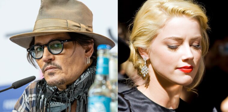 Side-by-side headshot photos of Johnny Depp and Amber Heard