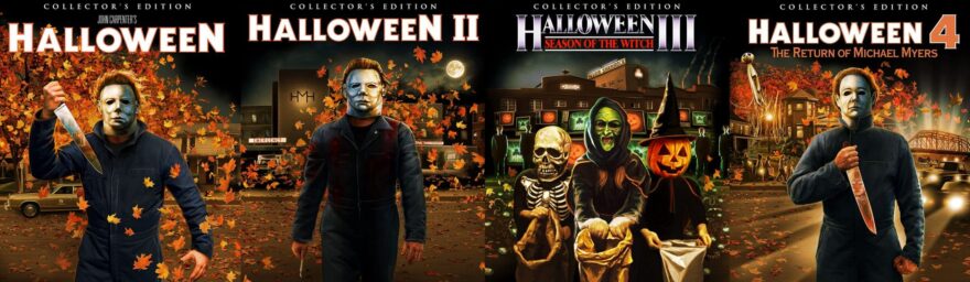 A collage of Blu-ray covers for the first four Halloween movies.