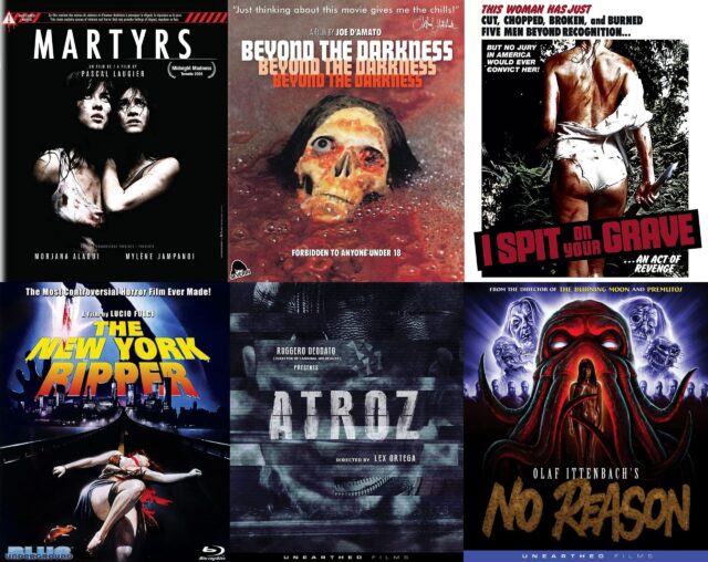 A collage of Blu-ray covers for Martyrs, Beyond the Darkness, I Spit on Your Grave (1972), The New York Ripper, Atroz, and No Reason.