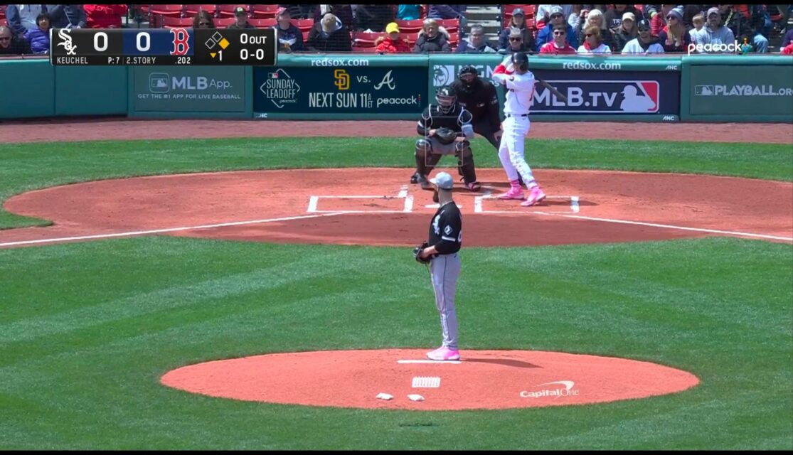 A screenshot of the Peacock media player showing an MLB Sunday Leadoff game between the Chicago White Sox and the Boston Red Sox.
