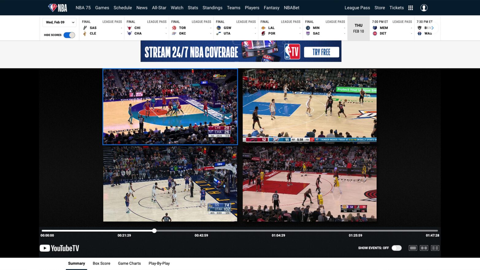 The NBA League Pass game view displays four games at once.