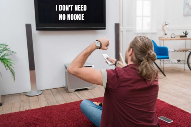 A man, alone, excitedly watches a fake TV show called "I Don't Need No Nookie."