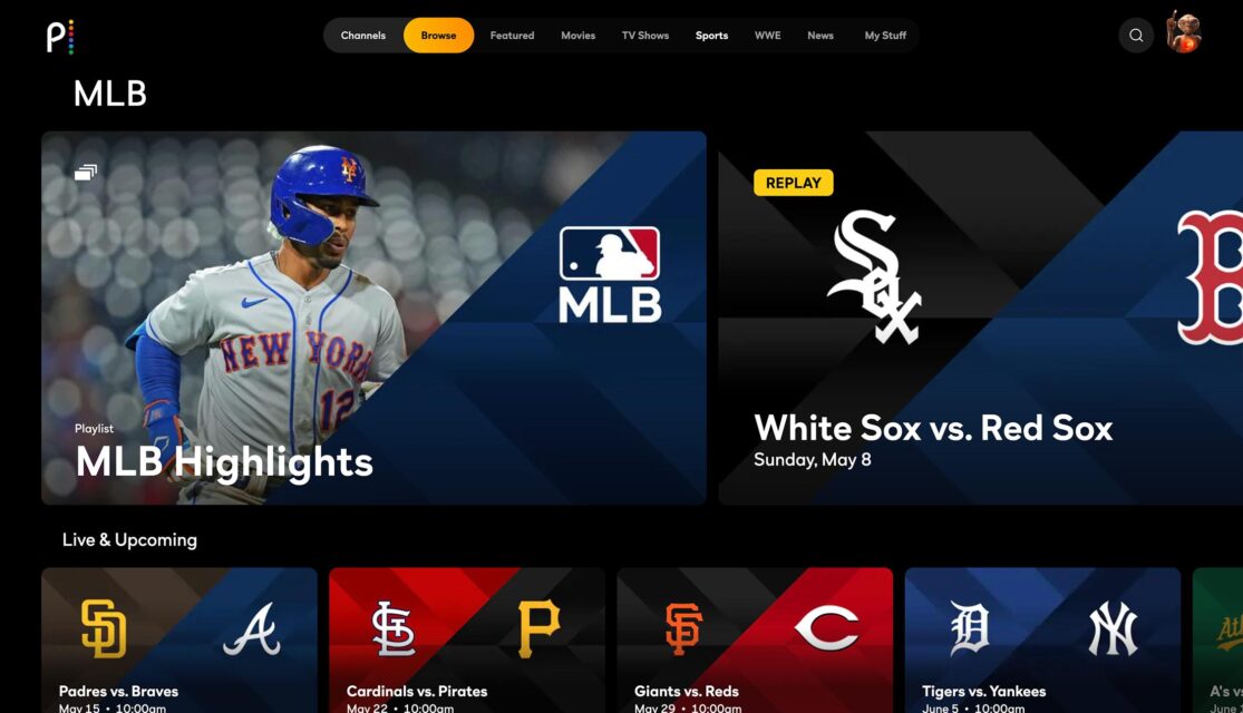 The MLB Hub on Peacock displays rows of featured videos and full match replays.