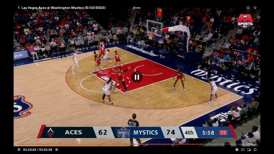 The WNBA League Pass media player showing a game between the Las Vegas Aces and the Washington Mystics.