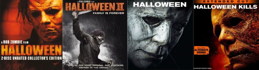 A collage of Blu-ray covers for the first ninth through twelfth Halloween movies.