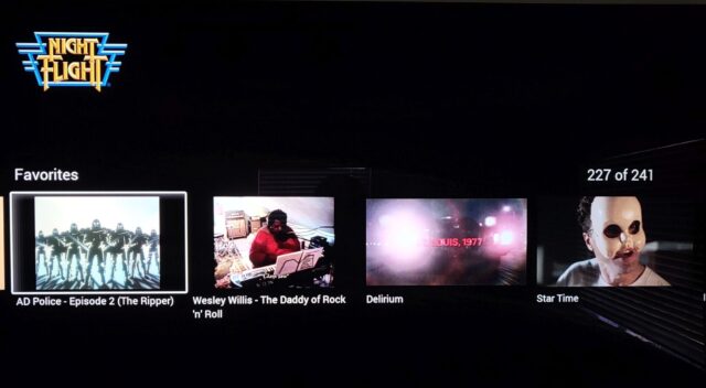 The Night Flight Plus “Favorites” page as viewed on a Samsung QN90A smart TV via the Roku Ultra.