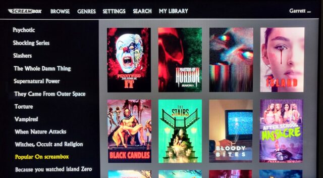 The Screambox "Genres" page showing titles under "Popular on Screambox."