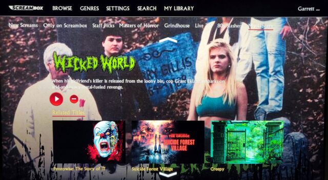 The Screambox "My Library" page showing information for Wicked World, as viewed on the Screambox Roku app.