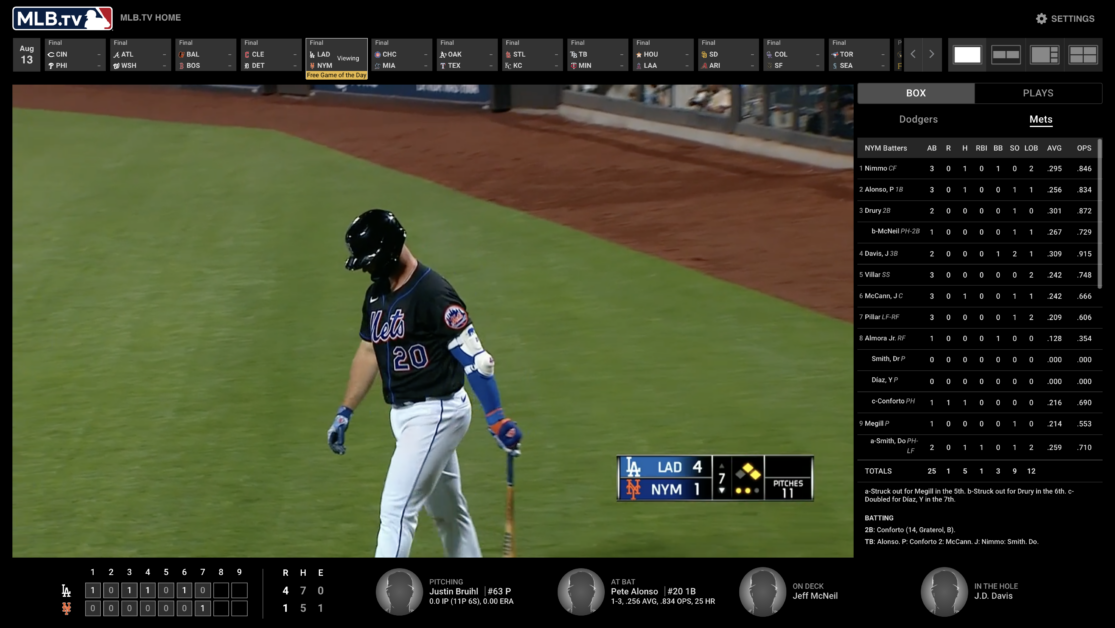 Baseball player Pete Alonso walks up to bat during the MLB.TV Free Game of the Day, with MLB.TV stats bordering the video.