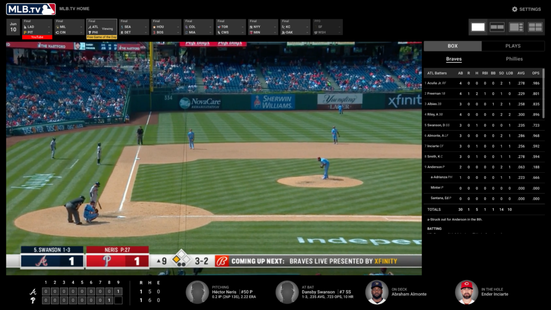 Baseball player Héctor Neris prepares to pitch during the MLB.TV Free Game of the Day, with MLB.TV stats bordering the video.