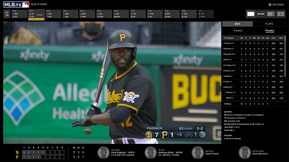 Baseball player Anthony Alford takes practice swings during the MLB.TV Free Game of the Day, with MLB.TV stats bordering the video.