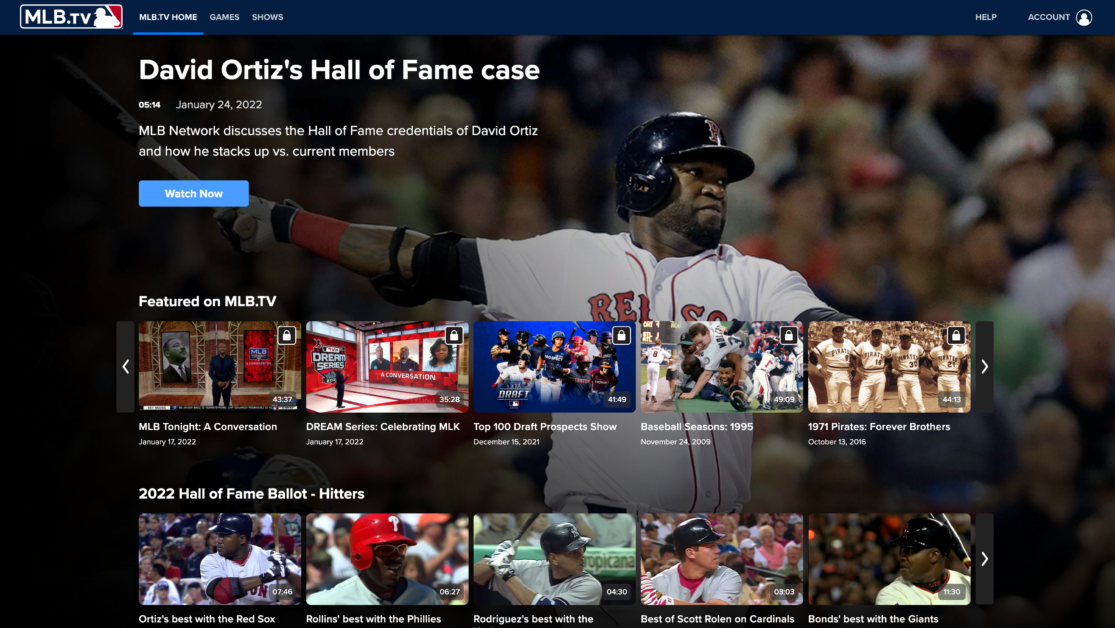 The MLB.TV home screen has multiple image carousels containing featured videos.
