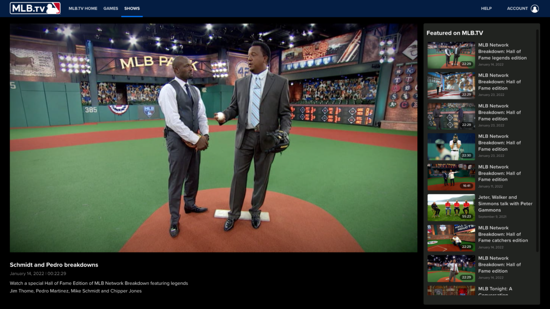 The MLB.TV Shows tab contains a media player in the middle with featured videos in a vertical list on the right side.