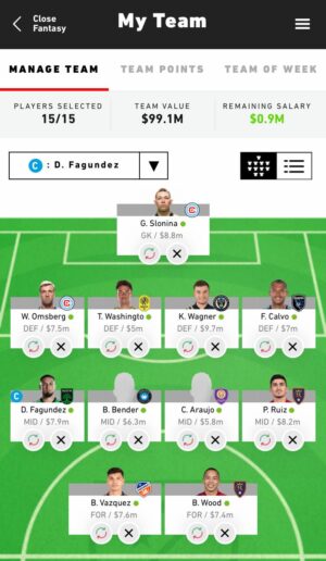 The Manage Team tab in the MLS app displays selected fantasy players and the remaining fantasy salary.