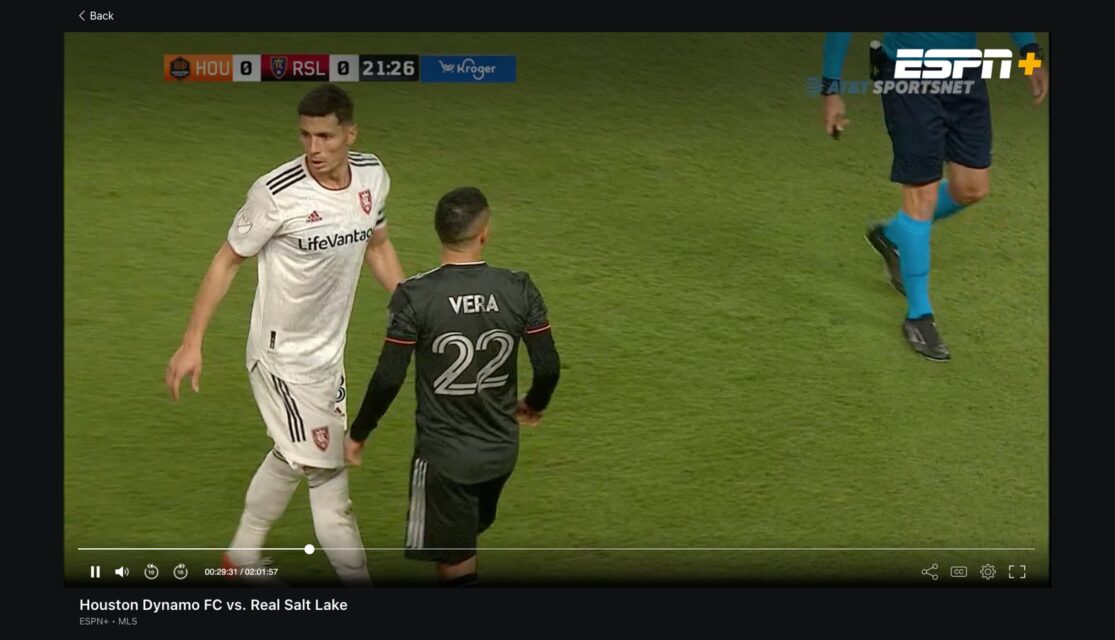 A screenshot of the ESPN Plus media player showing an MLS Live match between the Houston Dash and Real Salt Lake.
