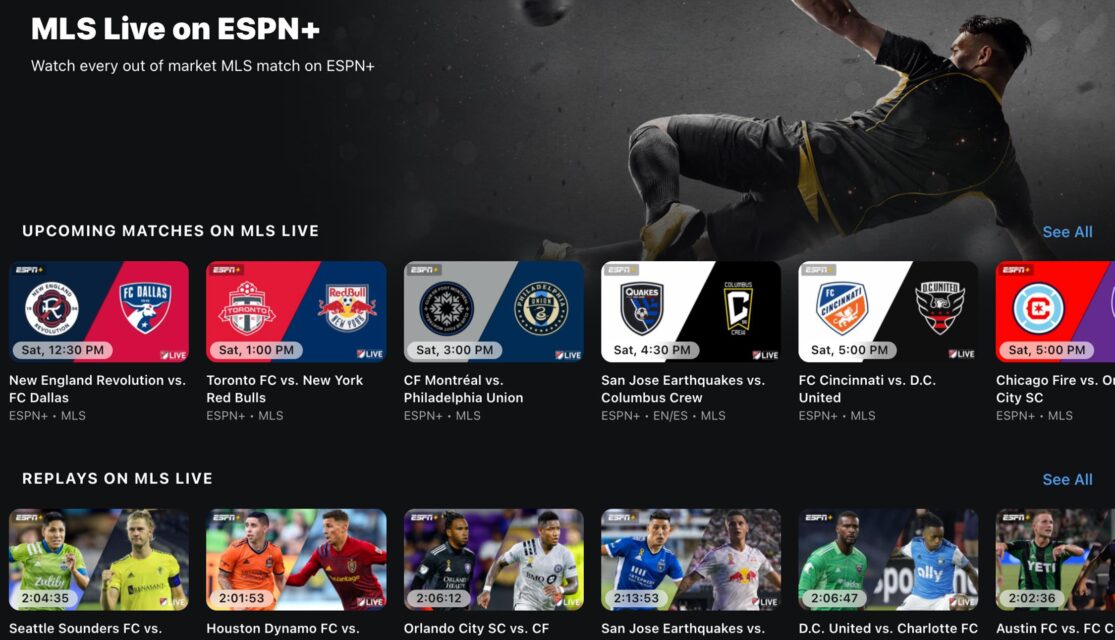 The MLS Live on ESPN Plus home screen displays rows of replays and upcoming matches.