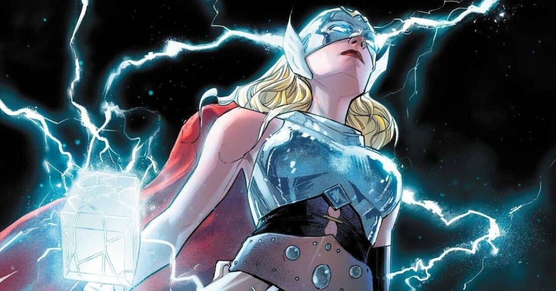 A panel from the Mighty Thor comics: A blonde woman holds a glowing hammer, her face obscured by a metal Asgardian helmet. A bunch of lightning swirls around her red cape. She looks like Thor, but a girl.