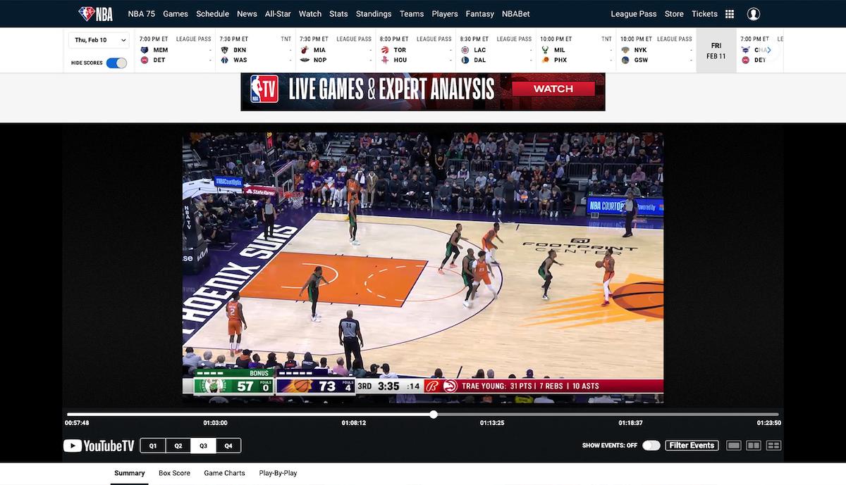A screenshot of the NBA League Pass media player on NBA.com, showing a Boston Celtics and Phoenix Suns full-game replay.